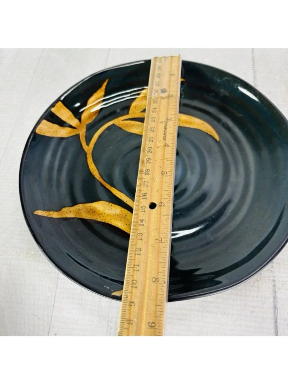 Pier 1 DAKARA Bamboo Leaf Yellow Rust Hand Painted Stoneware Plate & Bowl Set 2